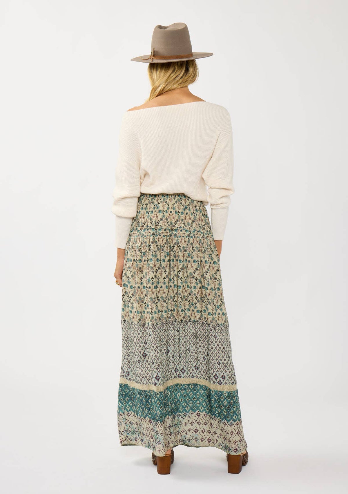 Floral and Tribal Border Drawstring Maxi Skirt
