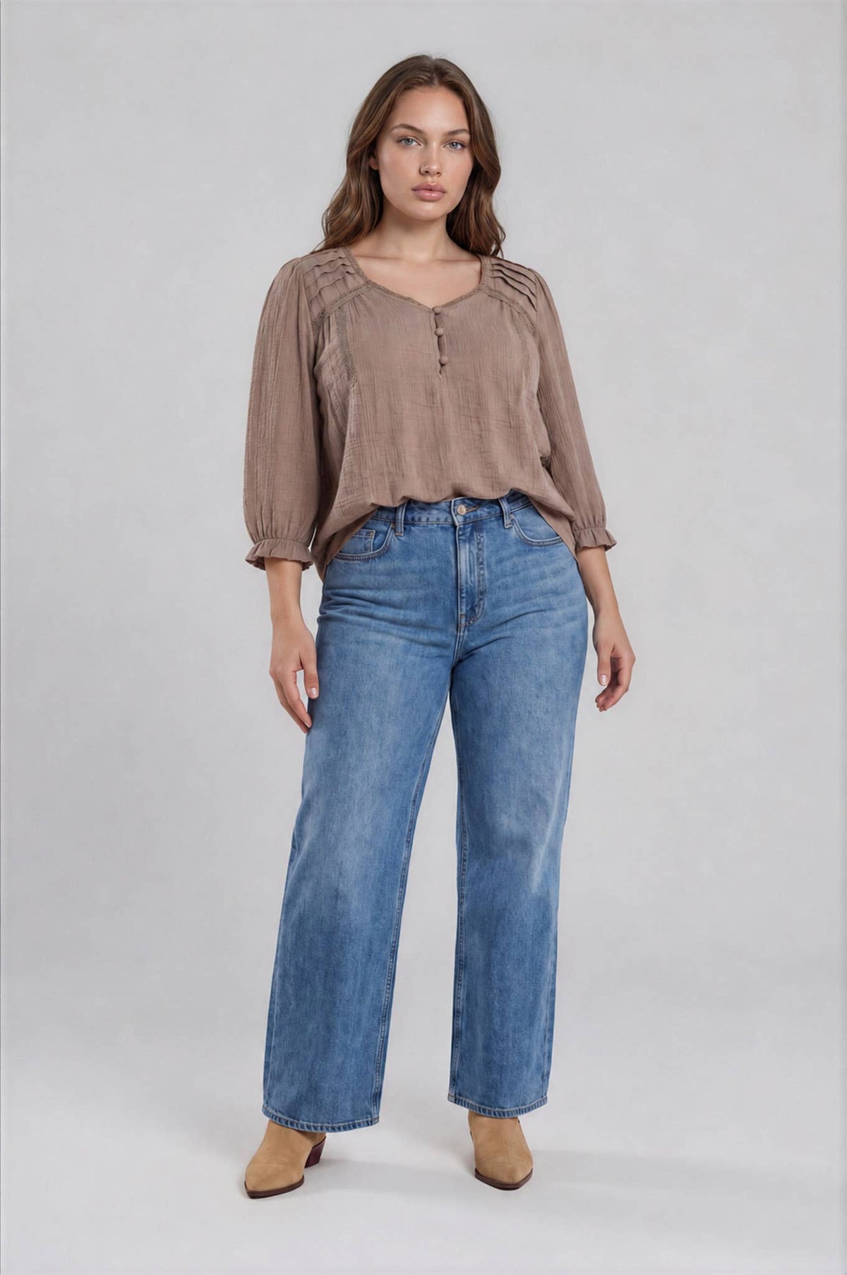 PLUS CROCHET TRIM V-NECK 3/4 SLEEVE HENLEY TOP