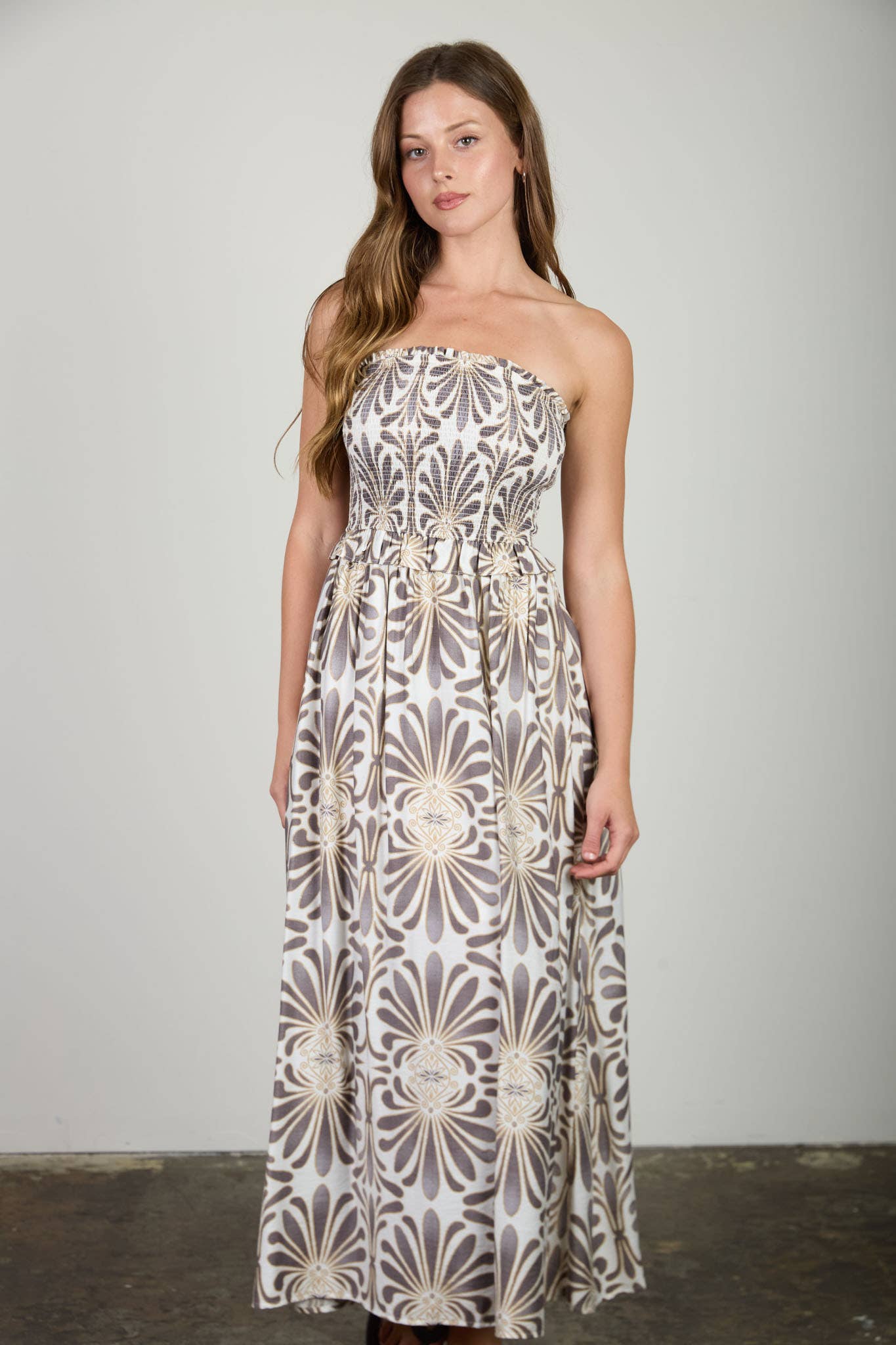 DEMASK PATTERN STRAPLESS SMOCKED MIDI SUNDRESS