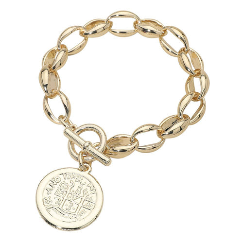 14K Gold Plated Cross Embossed Coin Charm Chunky Chain Toggle Bracelet