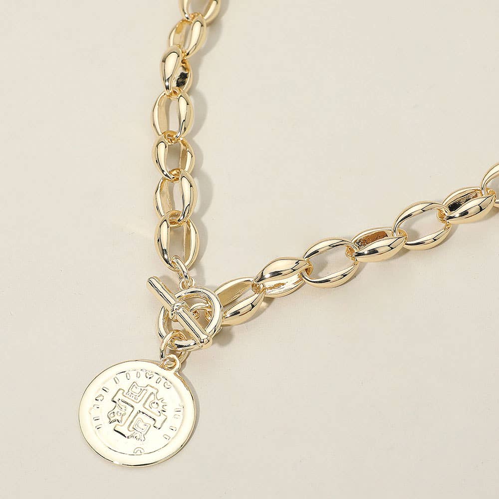14K Gold Plated Cross Embossed Coin Charm Chunky Chain Toggle Necklace
