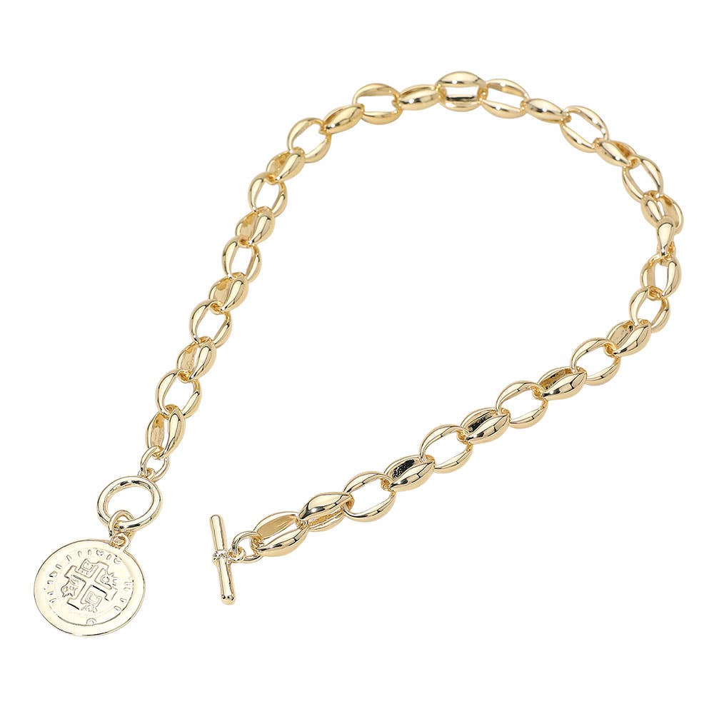 14K Gold Plated Cross Embossed Coin Charm Chunky Chain Toggle Necklace