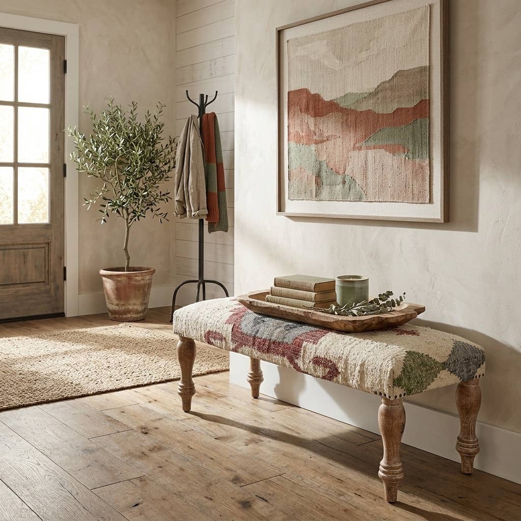 Handmade White-Wash Mango Wood Bench with Metal Base