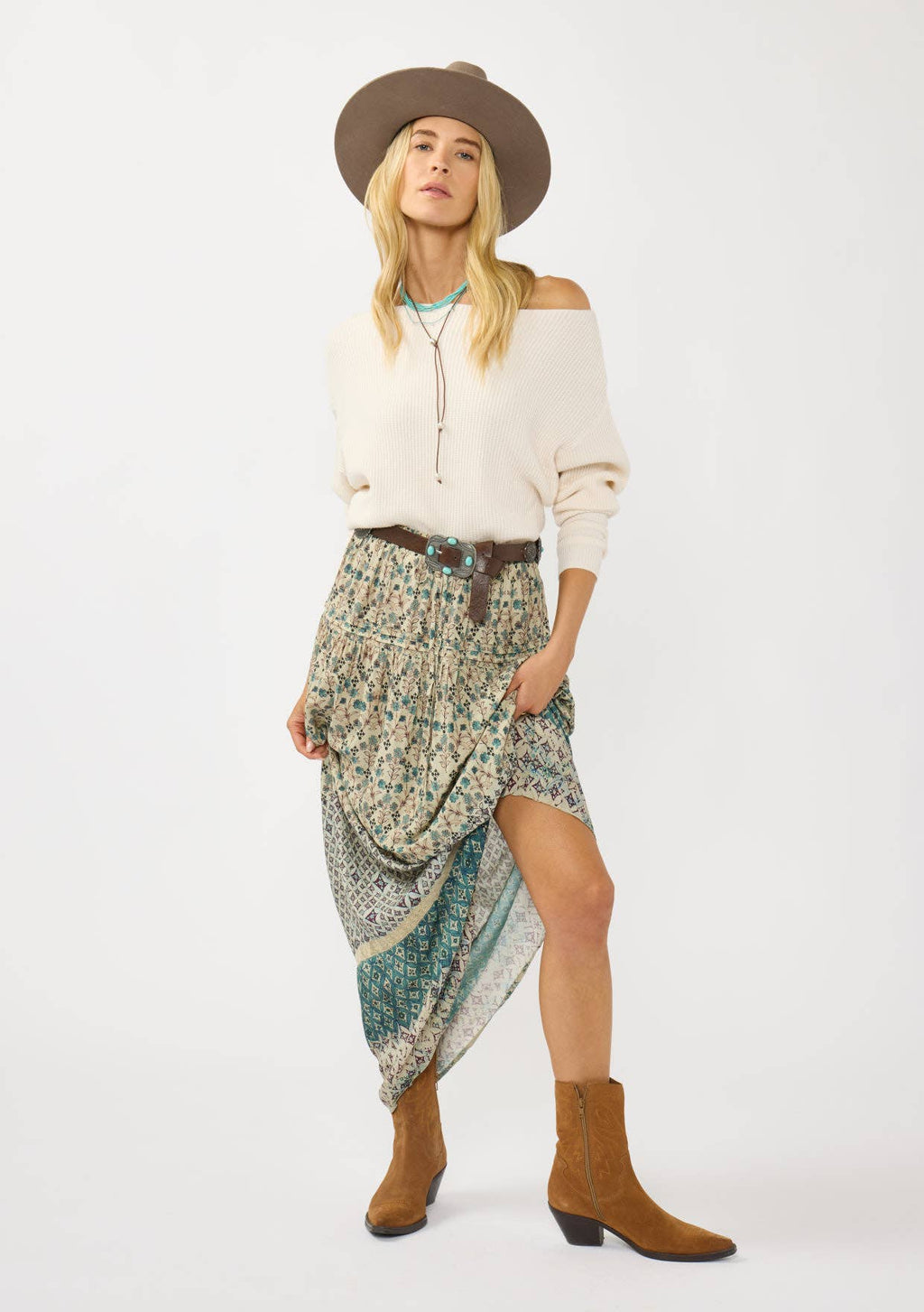 Floral and Tribal Border Drawstring Maxi Skirt