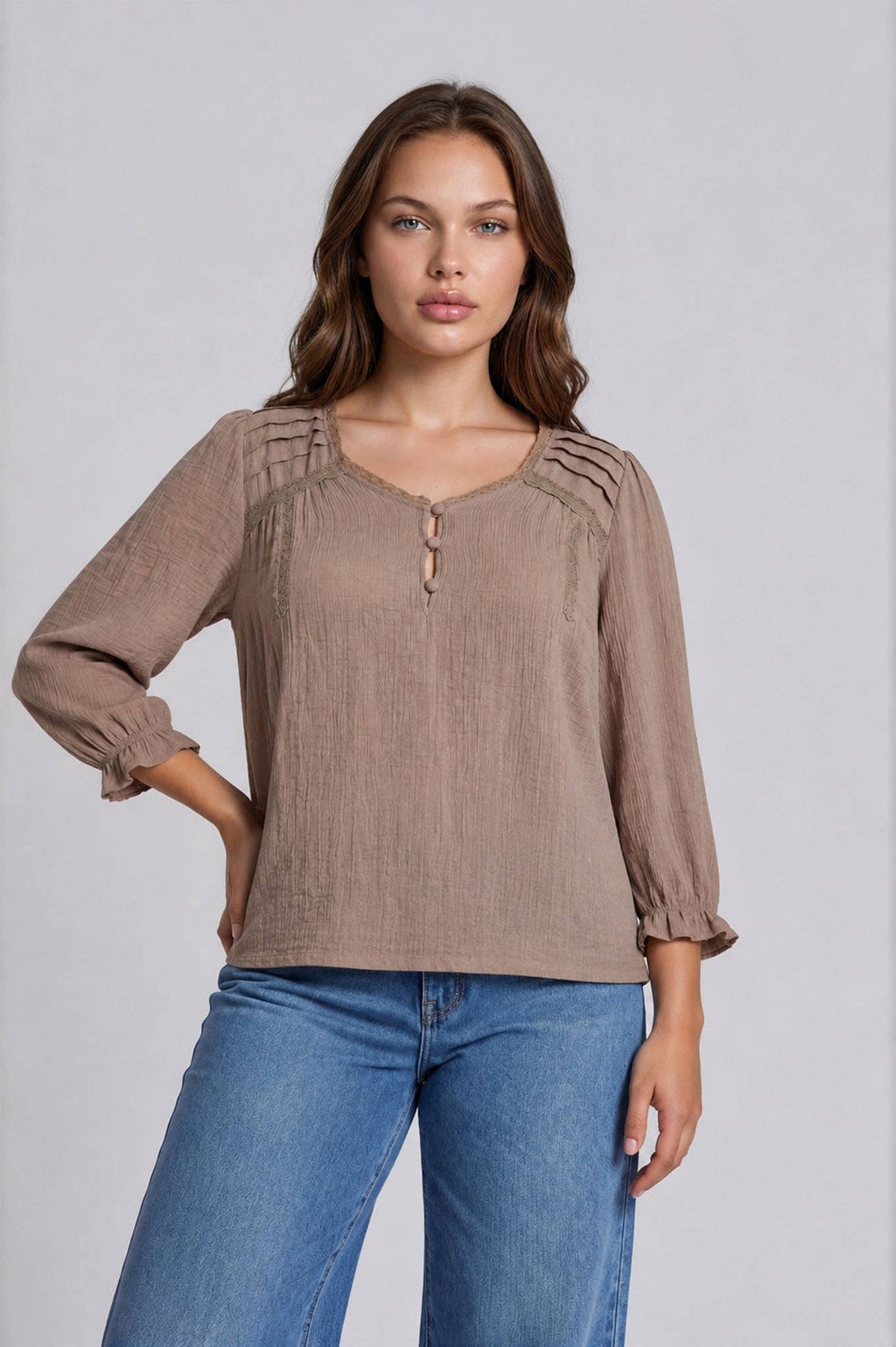 PLUS CROCHET TRIM V-NECK 3/4 SLEEVE HENLEY TOP
