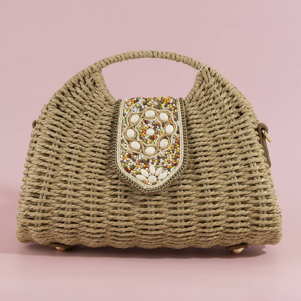 Beaded Flap Straw Top Handle Satchel Bag