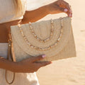 Shell Beaded Accent Paper Woven Envelope Clutch Bag