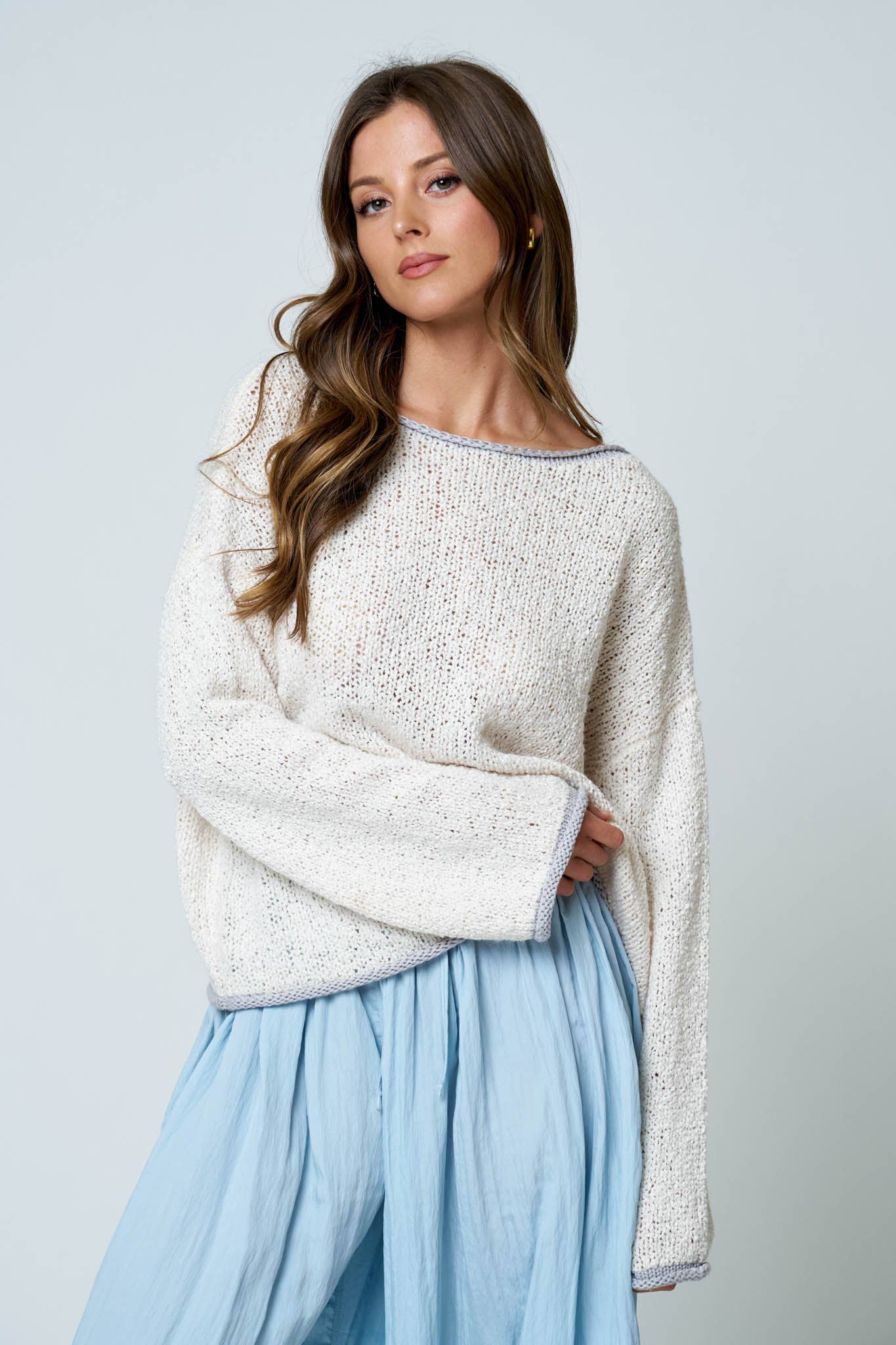 BOAT NECK CONTRAST TRIM LONG SLEEVE KNIT SWEATER (PRE-ORDER)
