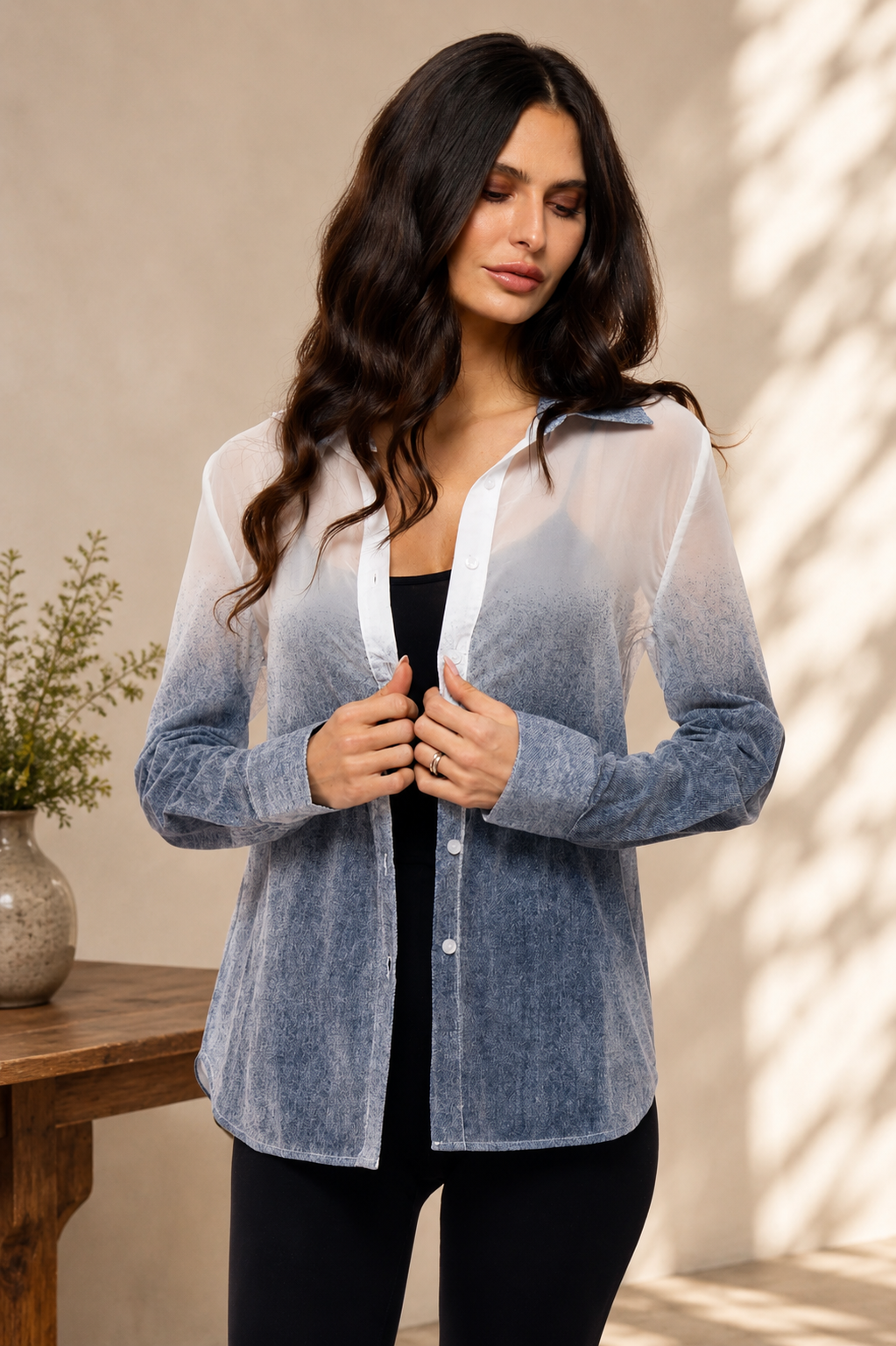 Sheer Ombré Mesh Button-Down Shirt