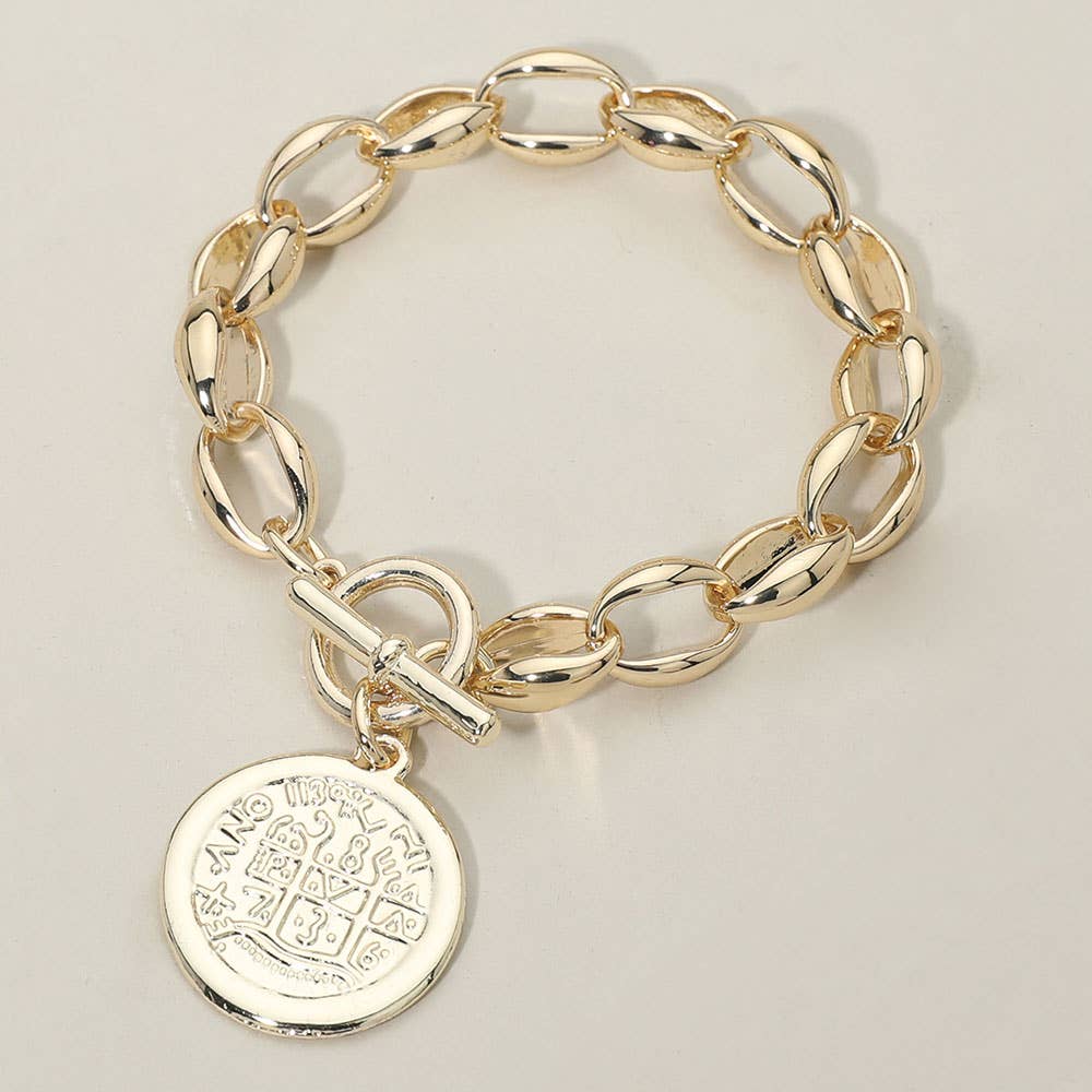 14K Gold Plated Cross Embossed Coin Charm Chunky Chain Toggle Bracelet