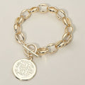 14K Gold Plated Cross Embossed Coin Charm Chunky Chain Toggle Bracelet