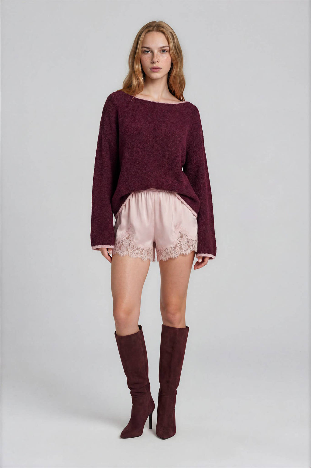 BOAT NECK CONTRAST TRIM LONG SLEEVE KNIT SWEATER (PRE-ORDER)