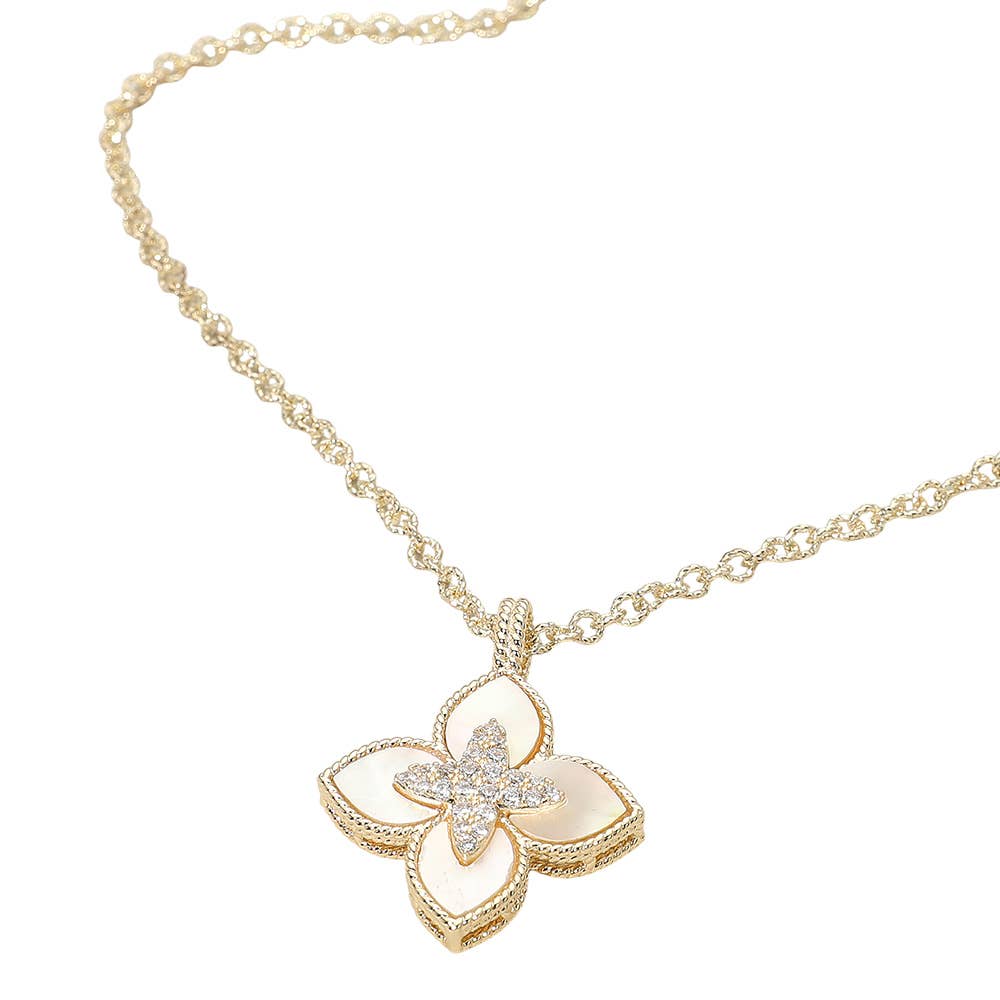 14K Gold Plated CZ Stone Paved Center Mother of Pearl Floral Clover Pendant Necklace