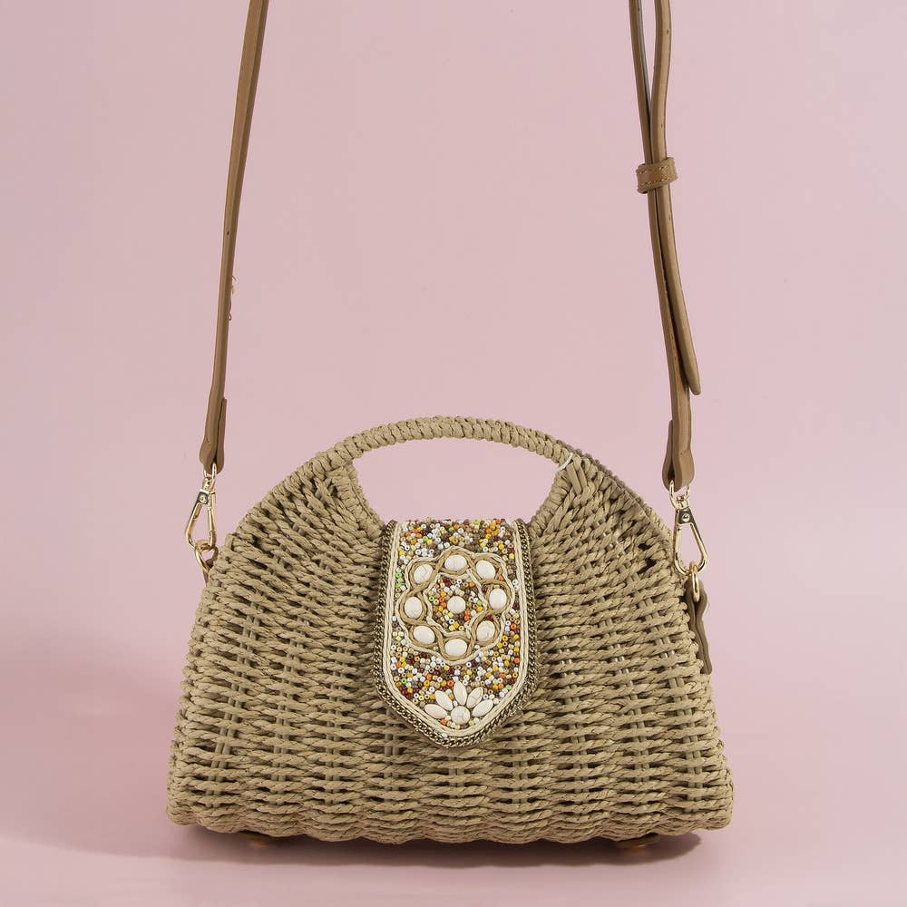 Beaded Flap Straw Top Handle Satchel Bag