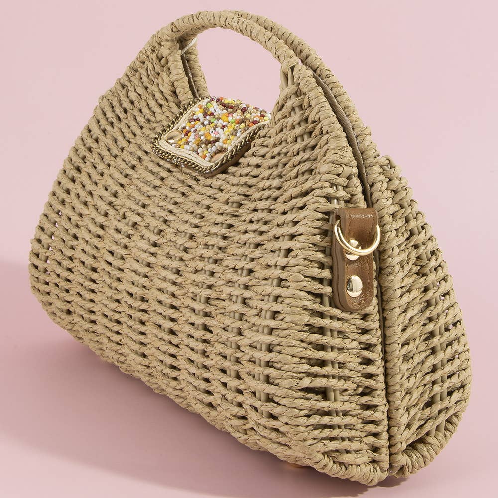 Beaded Flap Straw Top Handle Satchel Bag