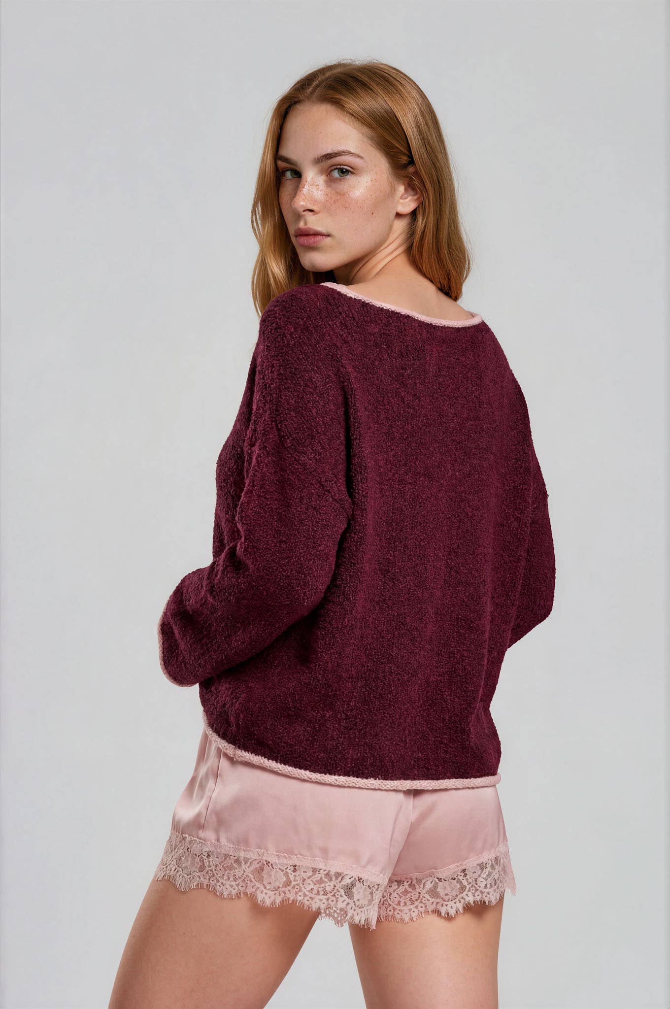 BOAT NECK CONTRAST TRIM LONG SLEEVE KNIT SWEATER (PRE-ORDER)