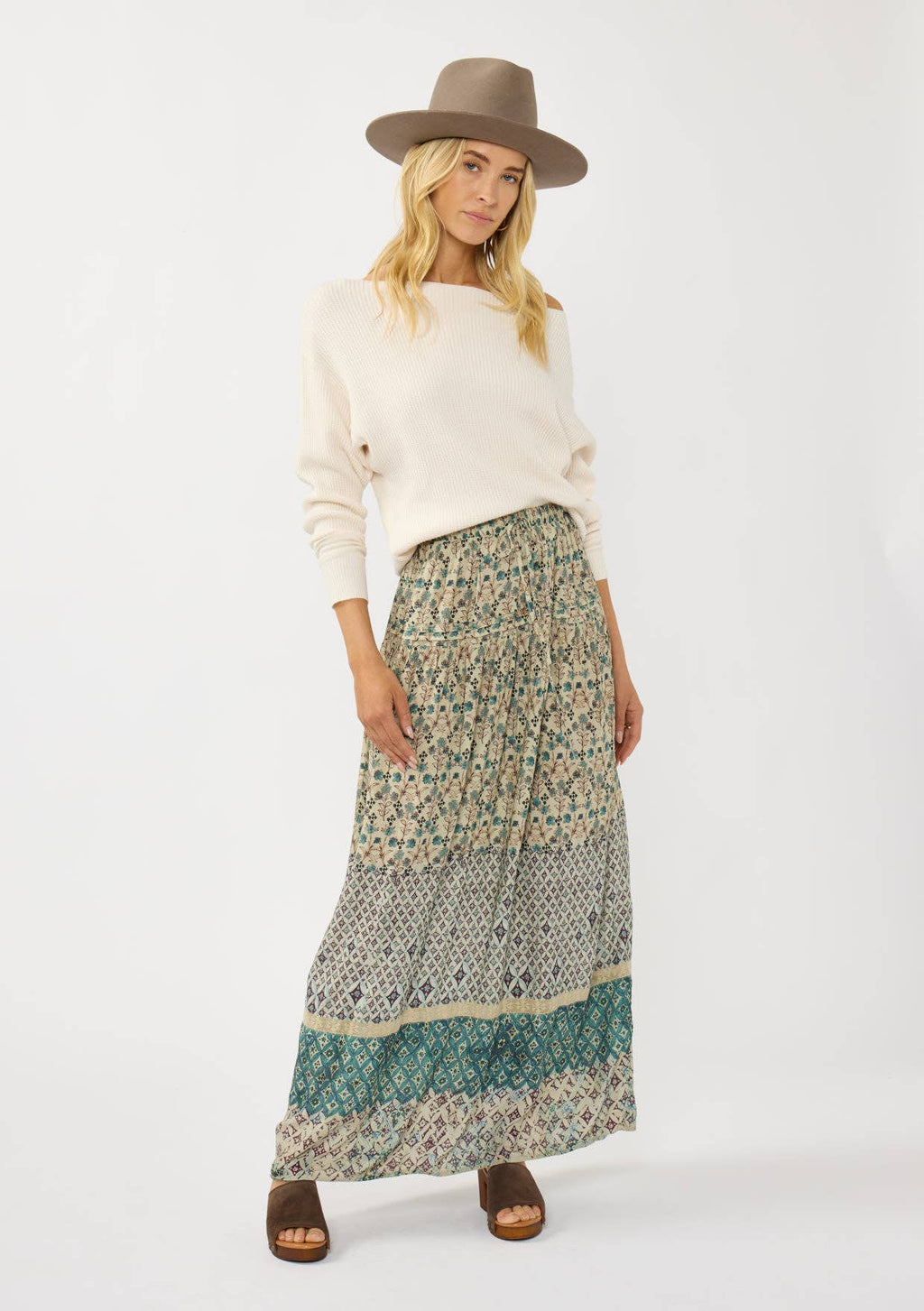 Floral and Tribal Border Drawstring Maxi Skirt
