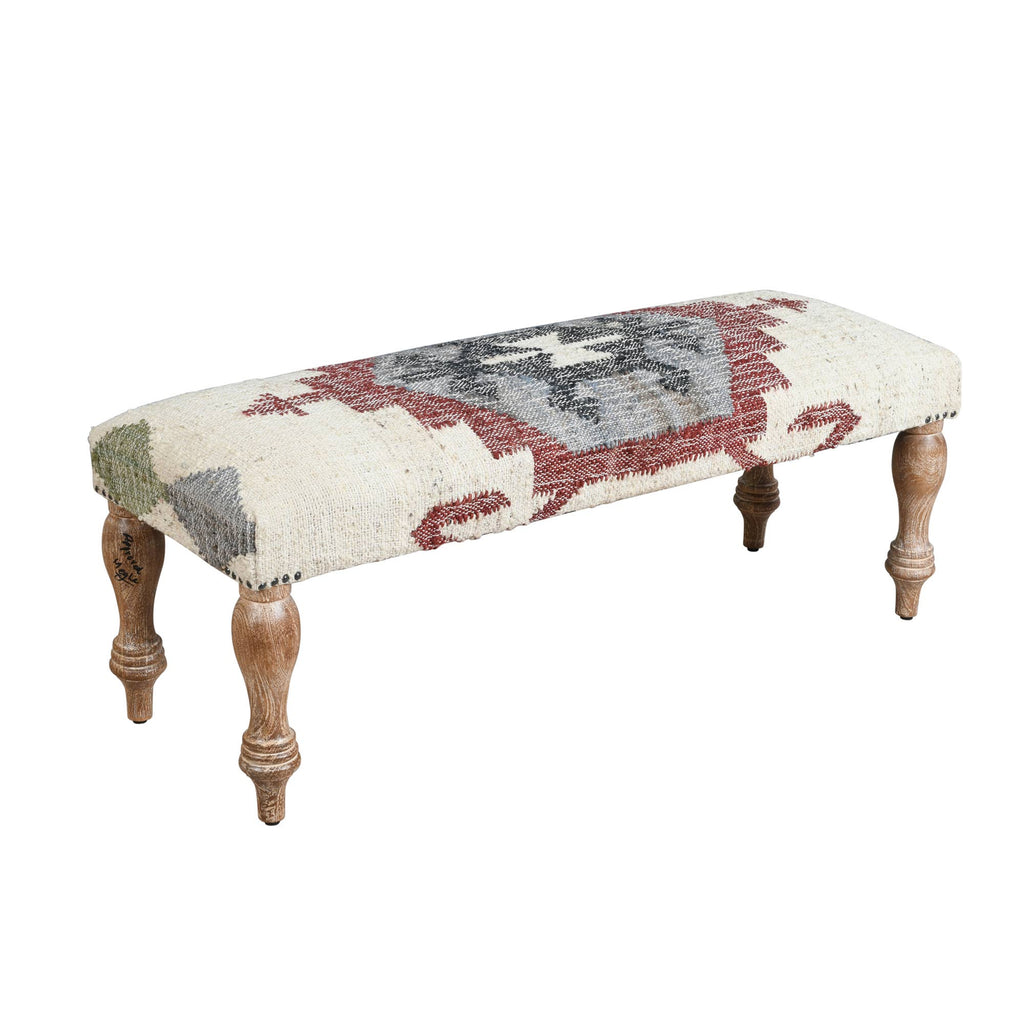 Handmade White-Wash Mango Wood Bench with Metal Base