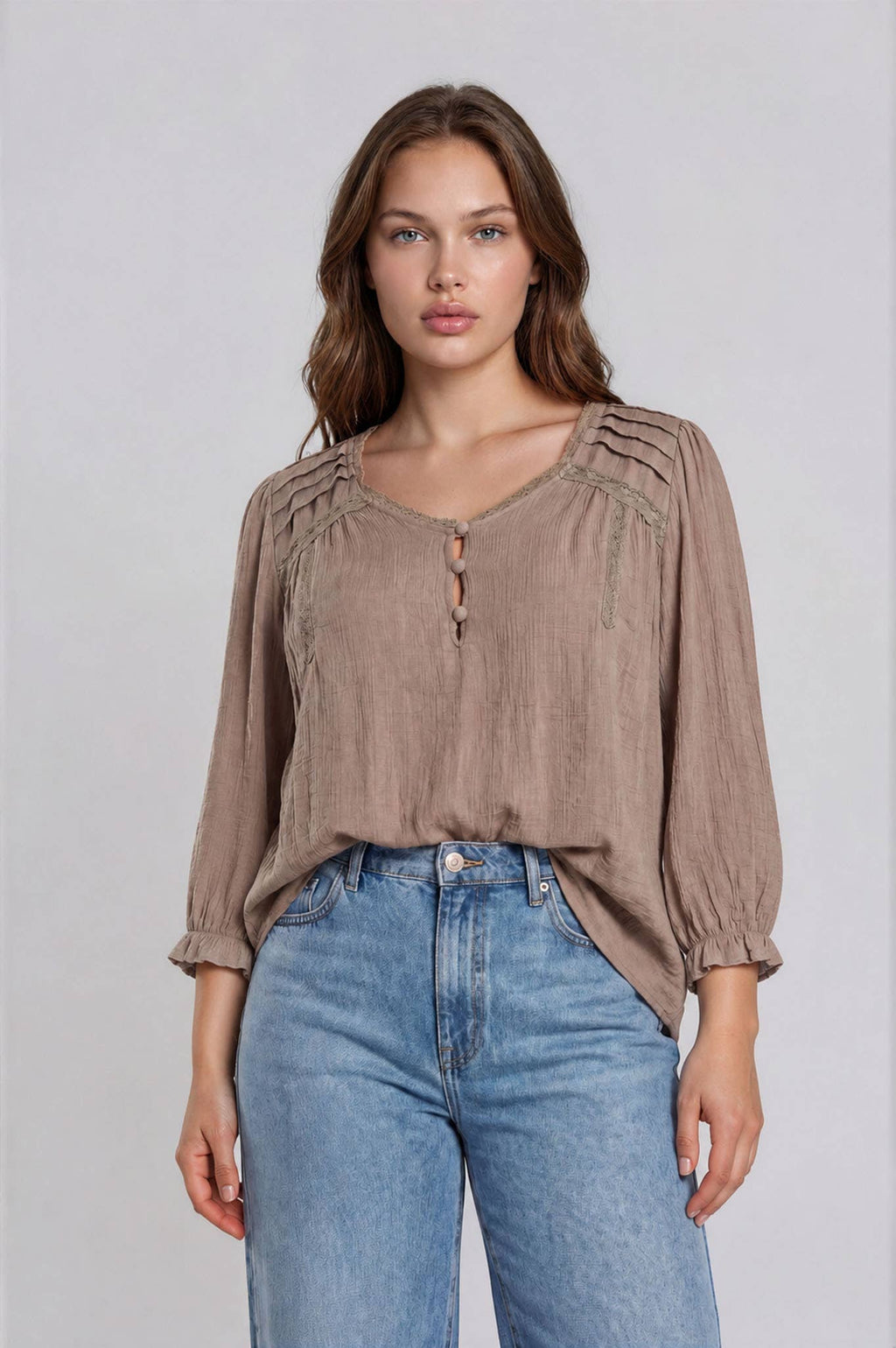 PLUS CROCHET TRIM V-NECK 3/4 SLEEVE HENLEY TOP