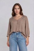 PLUS CROCHET TRIM V-NECK 3/4 SLEEVE HENLEY TOP
