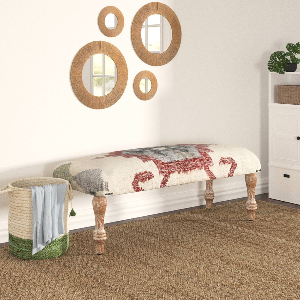 Handmade White-Wash Mango Wood Bench with Metal Base
