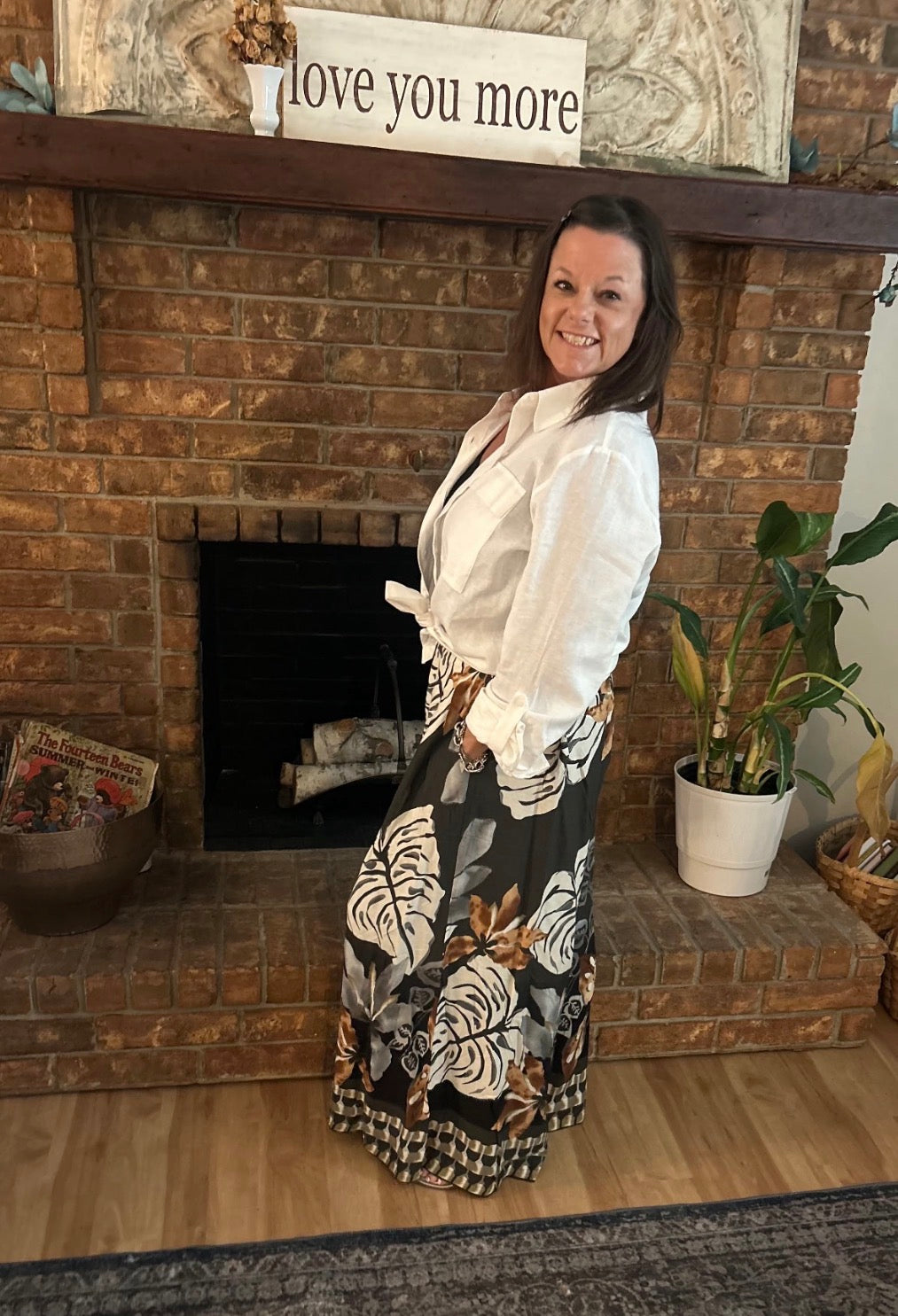 Black Botanical Print Wide-Leg Pants