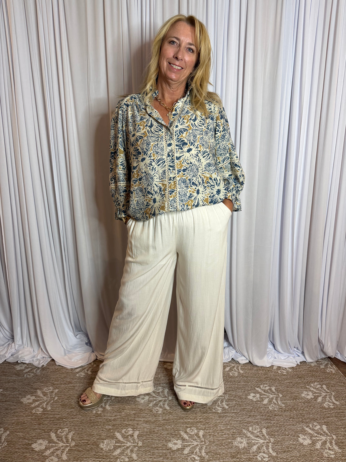 LADDER LACE TRIM WIDE LEG LINEN PANTS