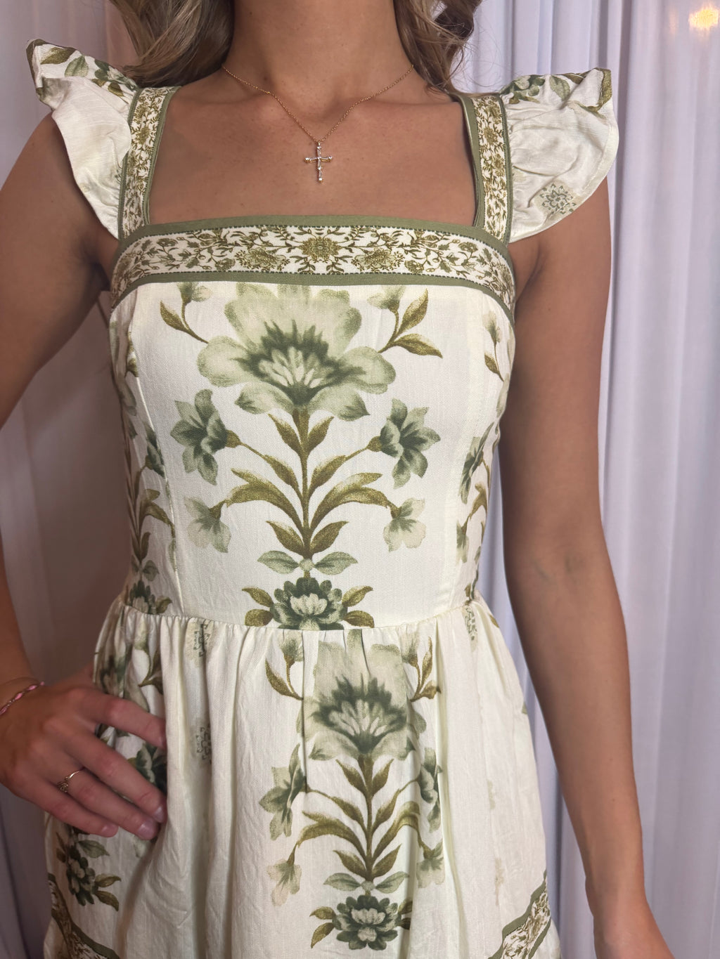 ABSTRACT FLORAL RUFFLE STRAP TIERED MIDI DRESS