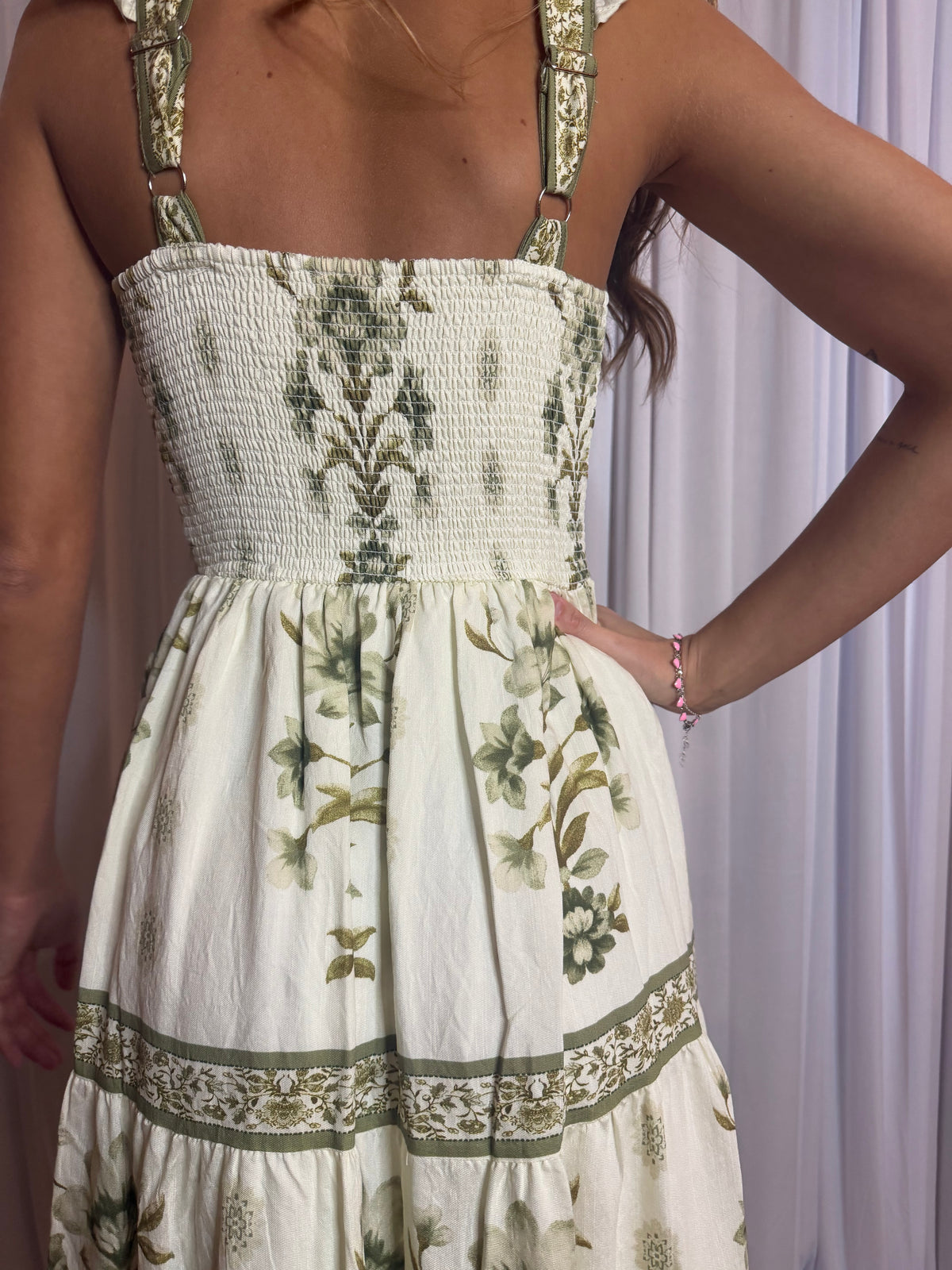 ABSTRACT FLORAL RUFFLE STRAP TIERED MIDI DRESS
