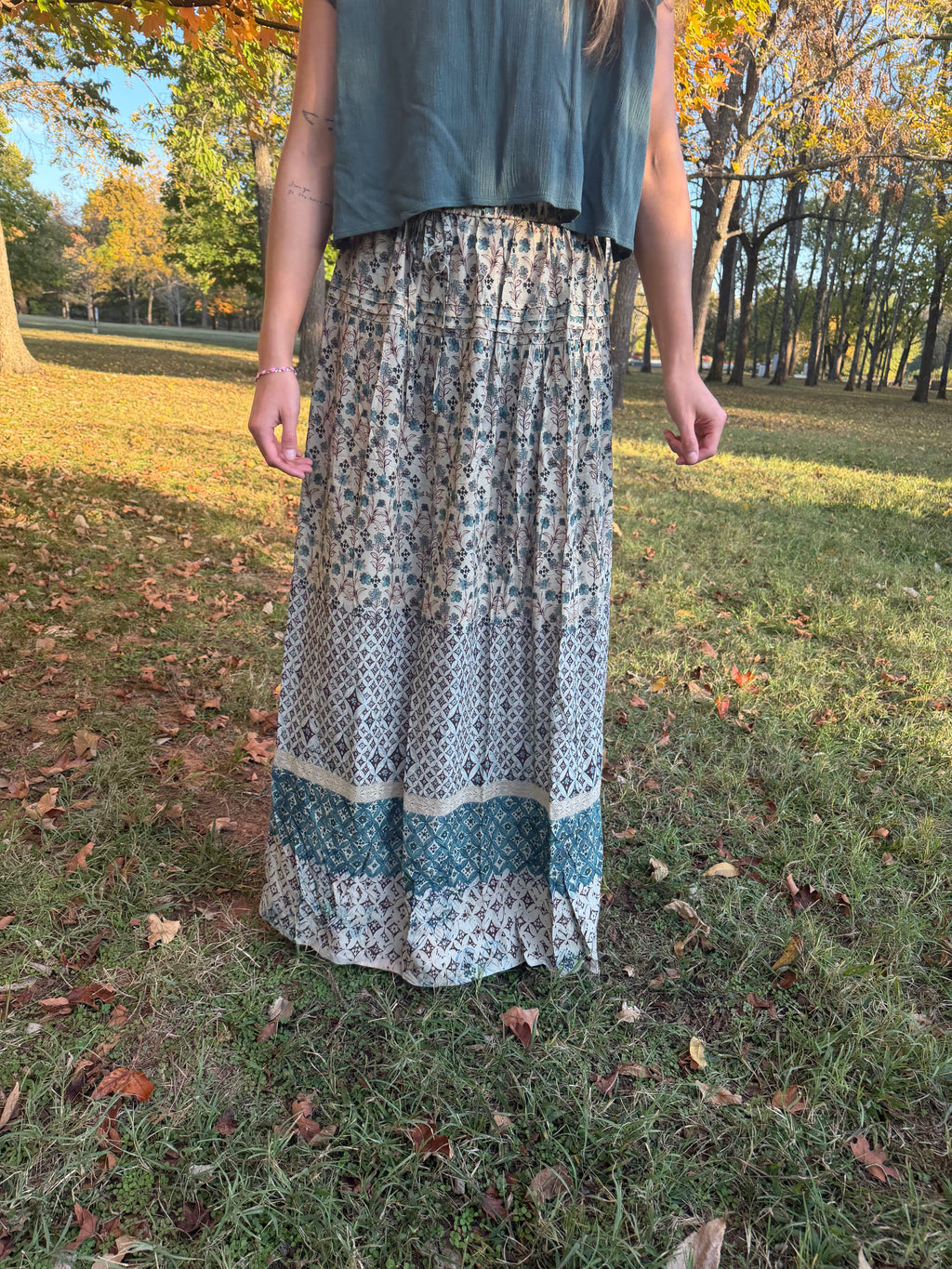 Floral and Tribal Border Drawstring Maxi Skirt