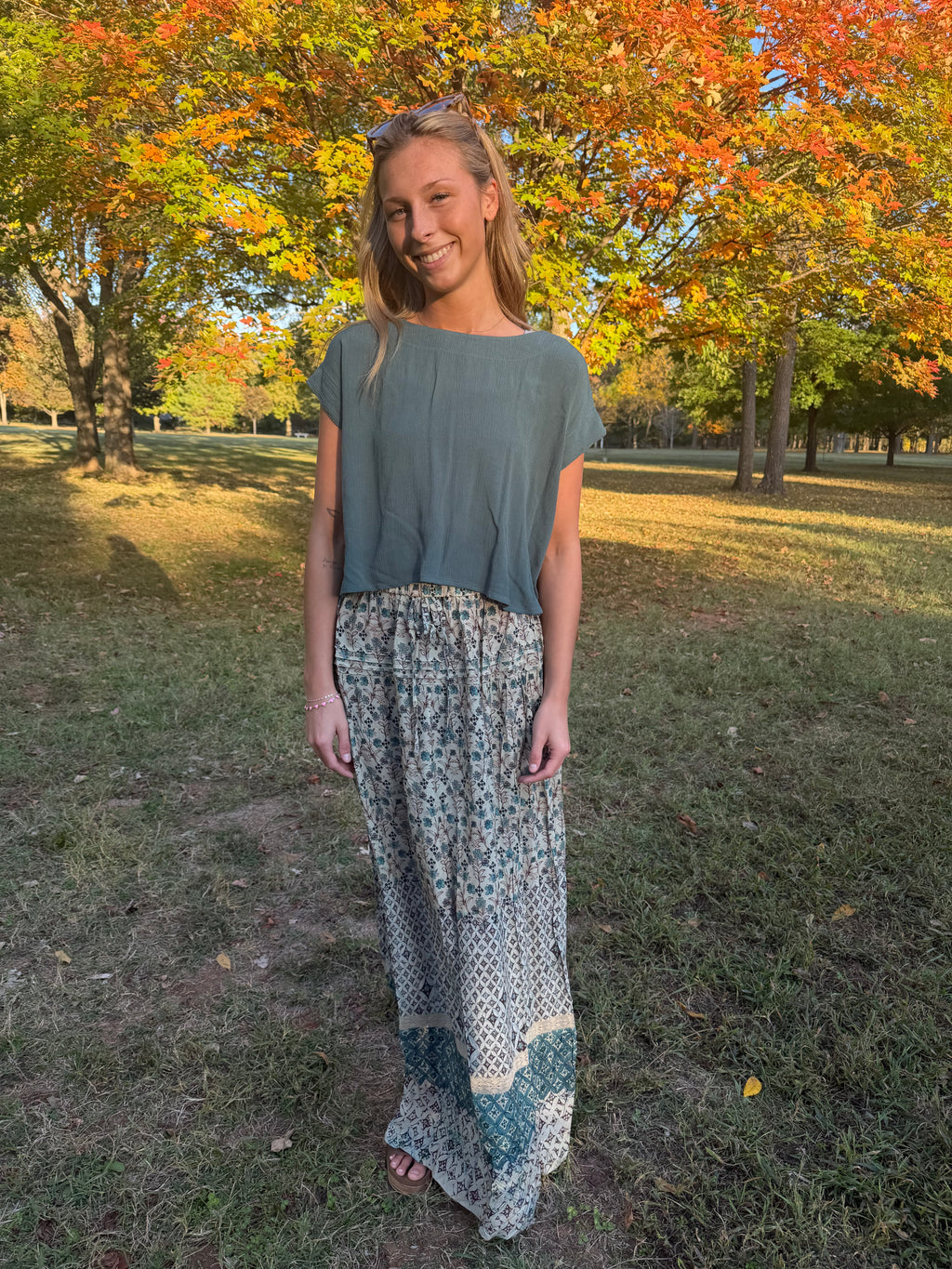 Floral and Tribal Border Drawstring Maxi Skirt
