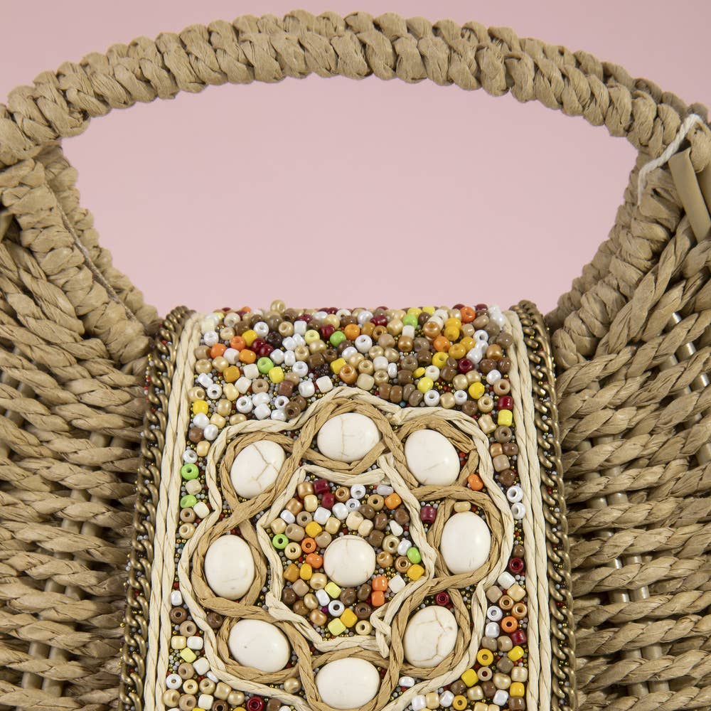 Beaded Flap Straw Top Handle Satchel Bag
