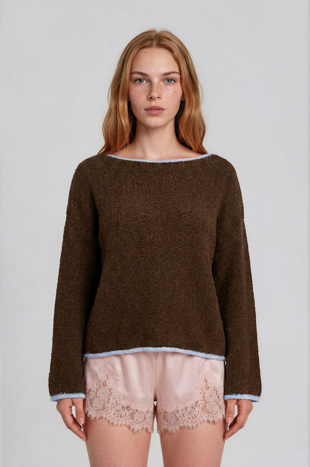 BOAT NECK CONTRAST TRIM LONG SLEEVE KNIT SWEATER (PRE-ORDER)