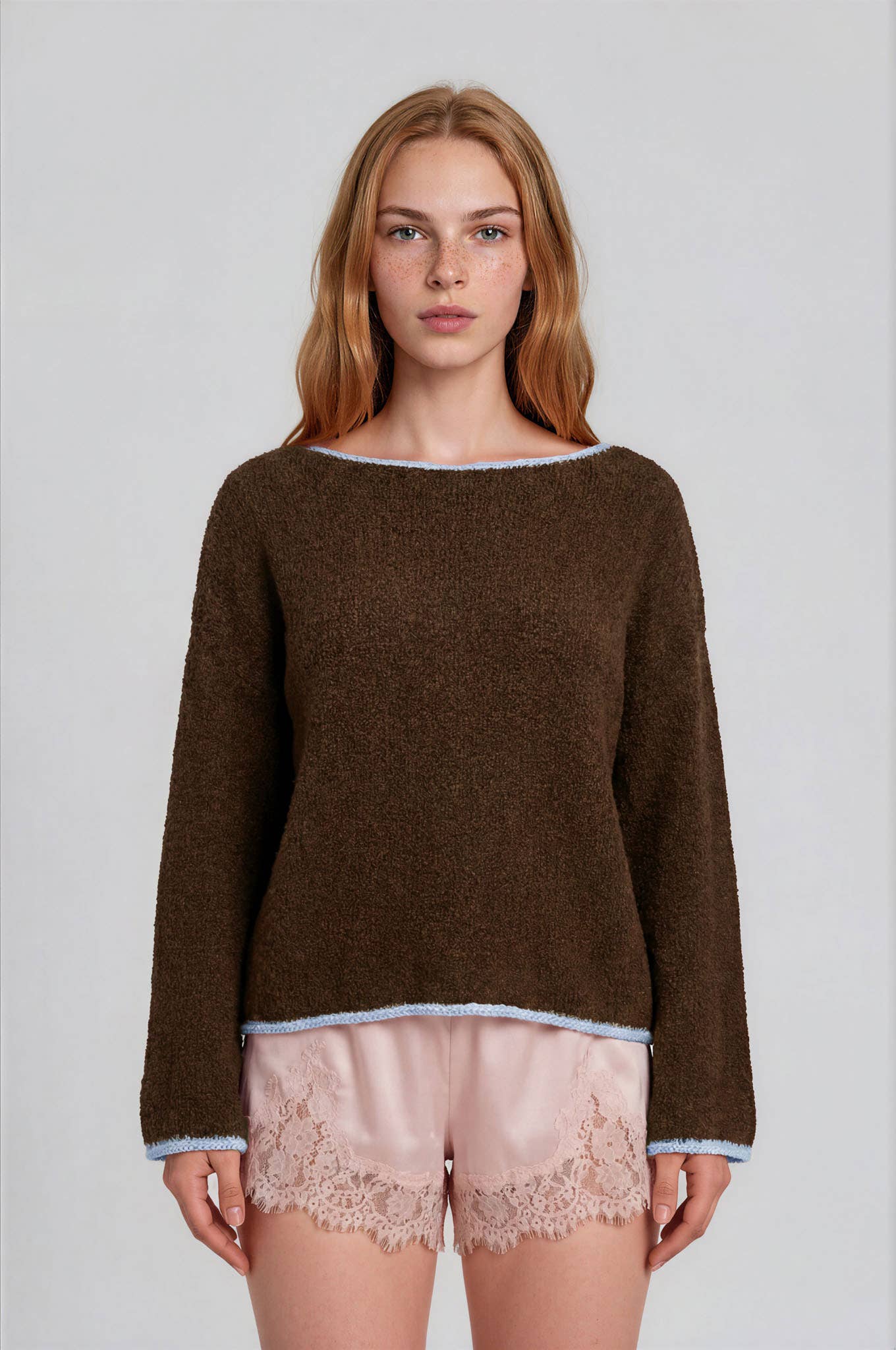 BOAT NECK CONTRAST TRIM LONG SLEEVE KNIT SWEATER (PRE-ORDER)