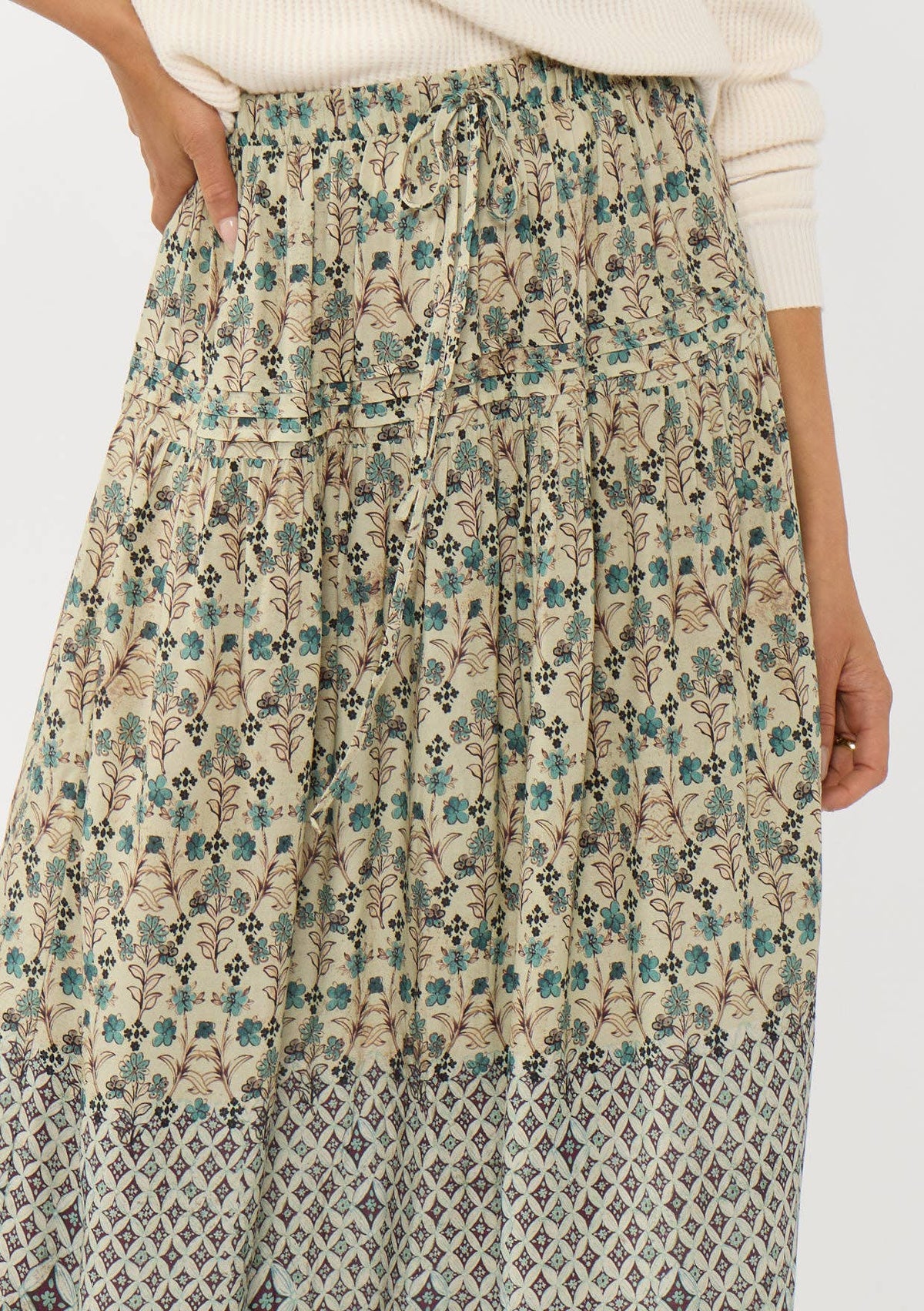 Floral and Tribal Border Drawstring Maxi Skirt