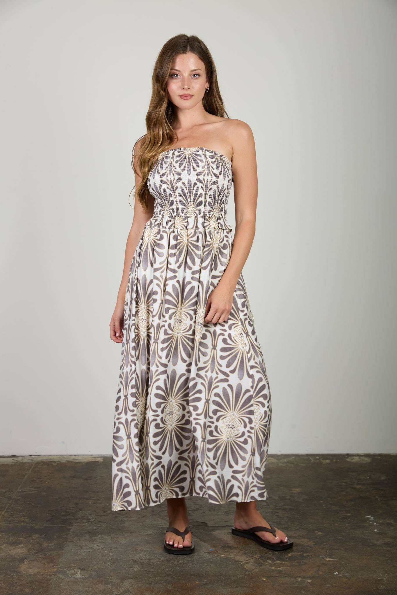 DEMASK PATTERN STRAPLESS SMOCKED MIDI SUNDRESS
