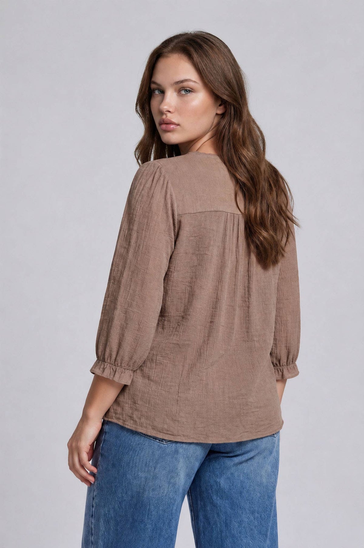 PLUS CROCHET TRIM V-NECK 3/4 SLEEVE HENLEY TOP