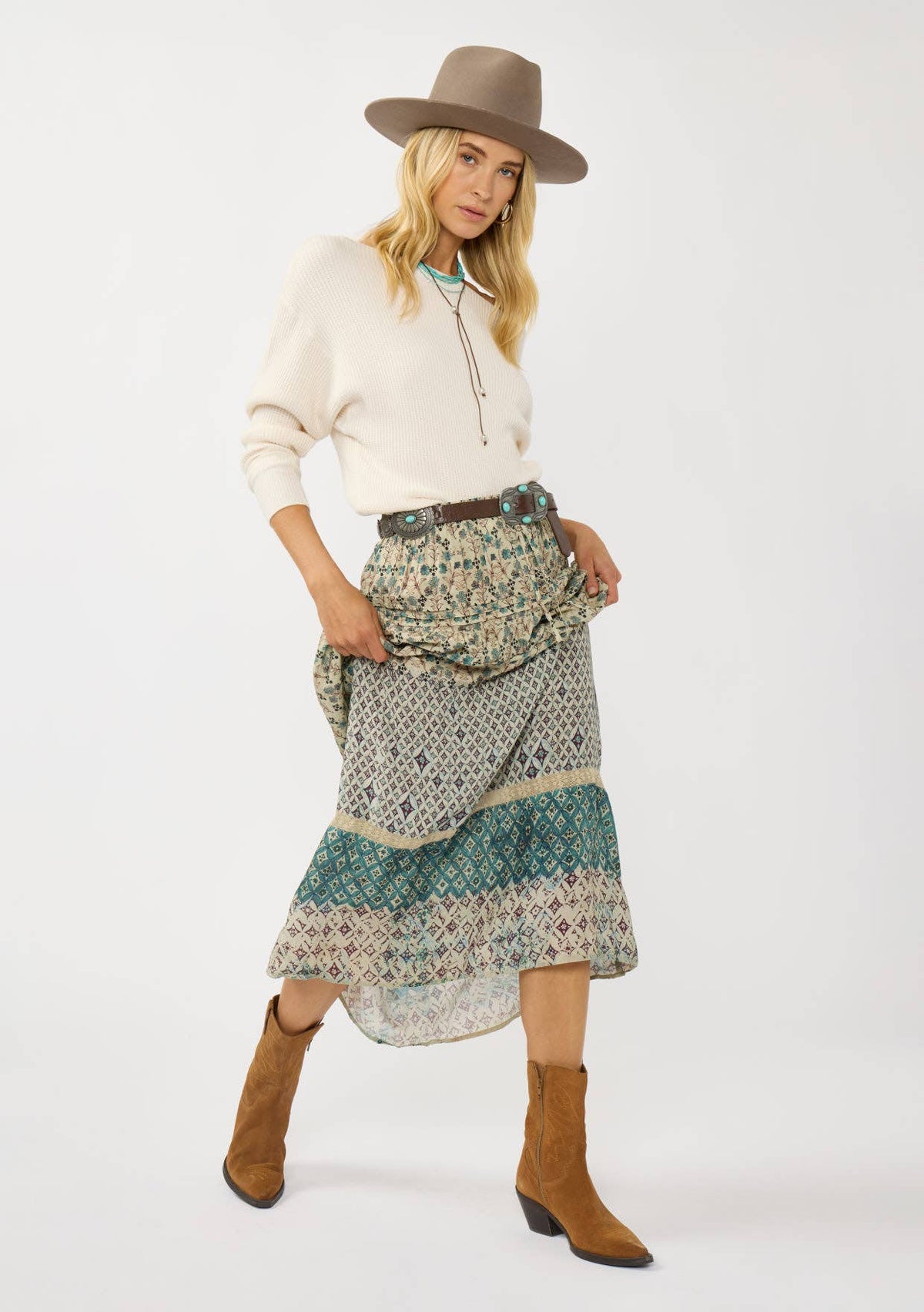 Floral and Tribal Border Drawstring Maxi Skirt