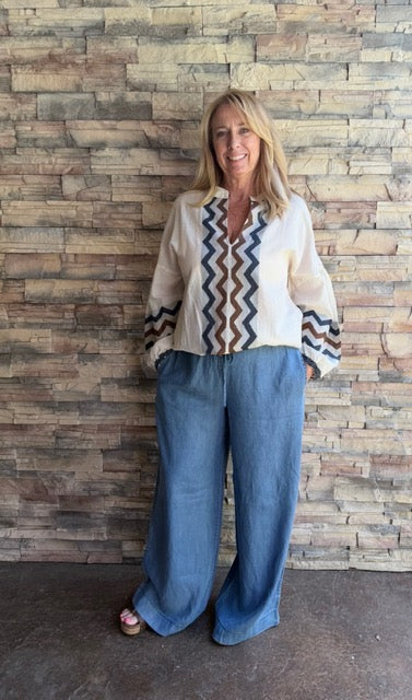 Ivory Geometric Trim Cotton Blouse