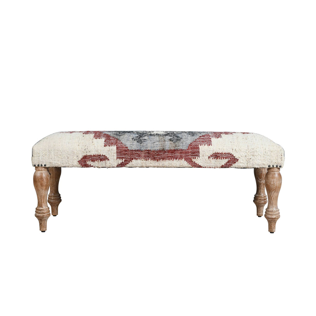 Handmade White-Wash Mango Wood Bench with Metal Base