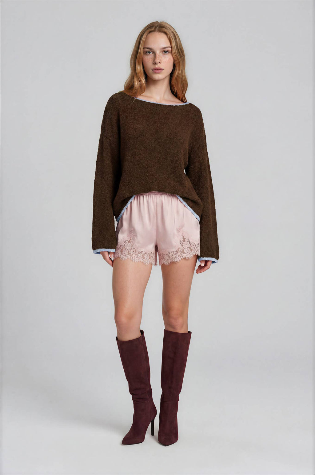 BOAT NECK CONTRAST TRIM LONG SLEEVE KNIT SWEATER (PRE-ORDER)