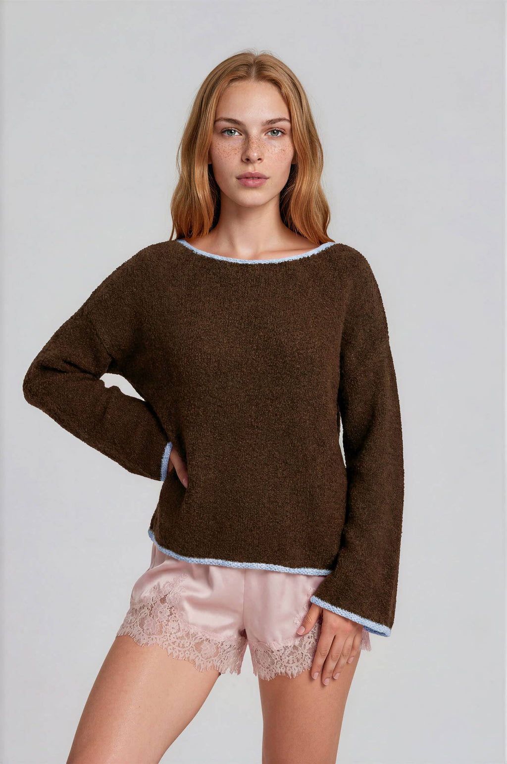 BOAT NECK CONTRAST TRIM LONG SLEEVE KNIT SWEATER (PRE-ORDER)