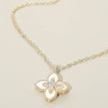 14K Gold Plated CZ Stone Paved Center Mother of Pearl Floral Clover Pendant Necklace