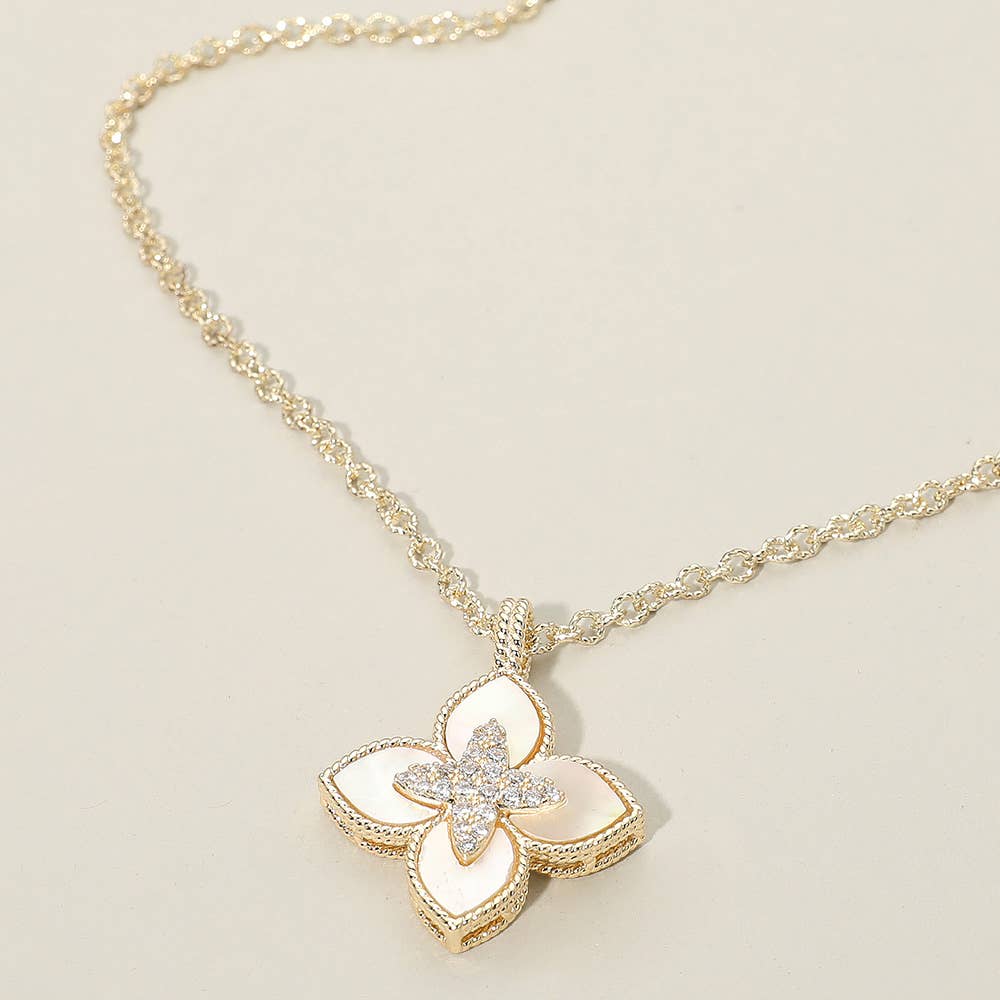 14K Gold Plated CZ Stone Paved Center Mother of Pearl Floral Clover Pendant Necklace