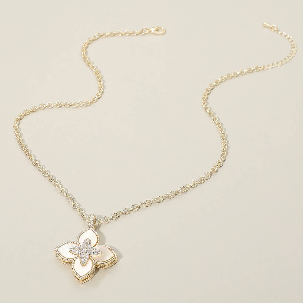 14K Gold Plated CZ Stone Paved Center Mother of Pearl Floral Clover Pendant Necklace