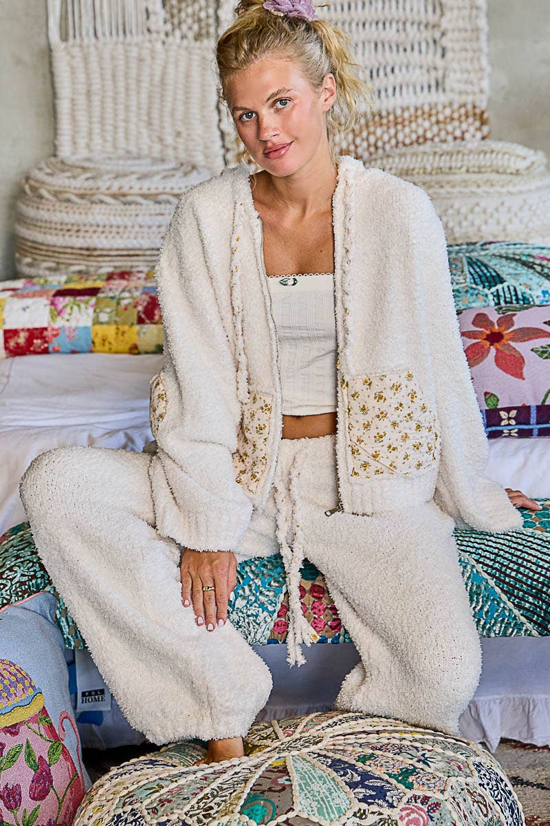 Floral Printed Cozy Berber Sweater Hoodie Zip-Up Jacket