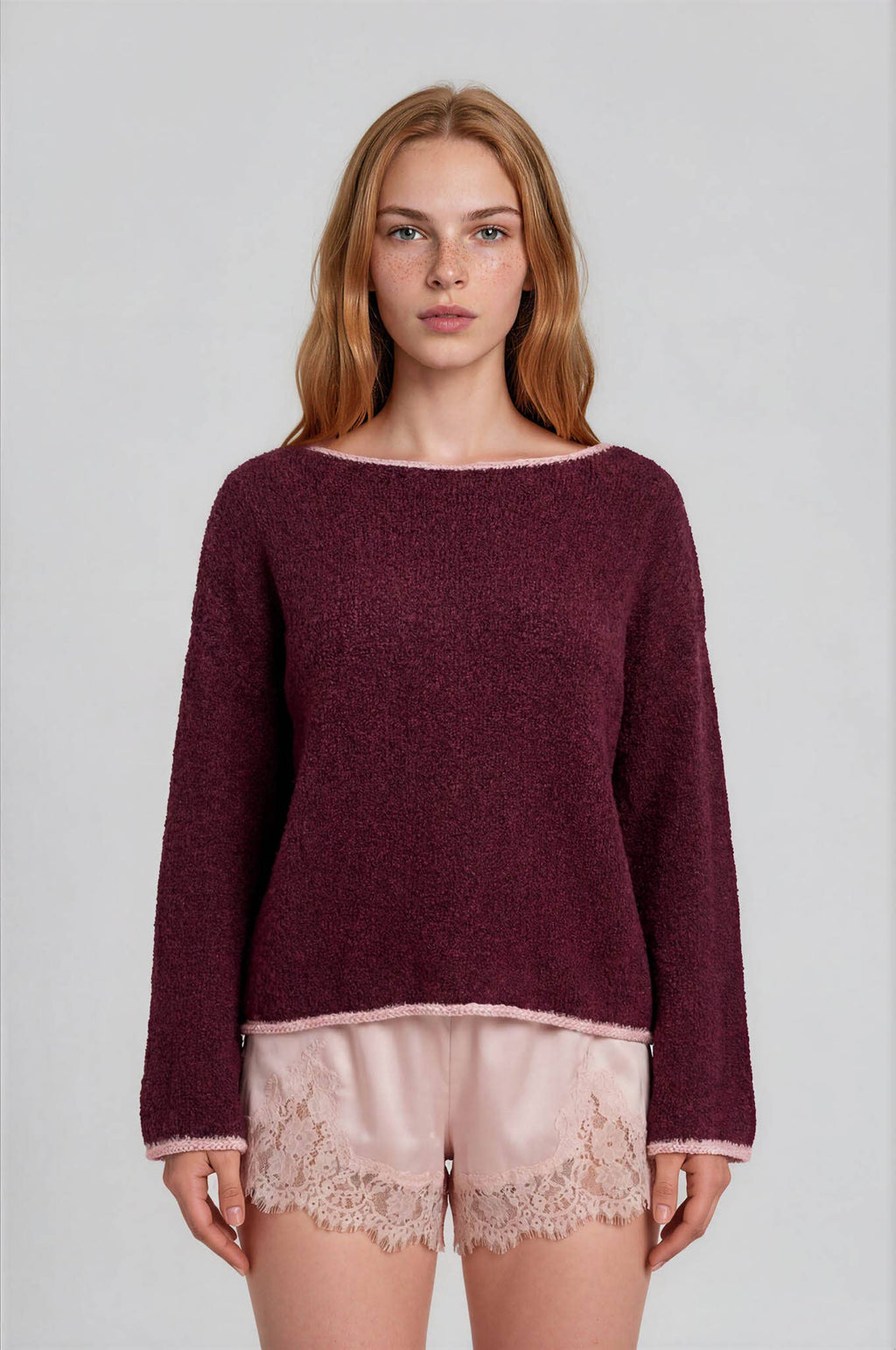 BOAT NECK CONTRAST TRIM LONG SLEEVE KNIT SWEATER (PRE-ORDER)