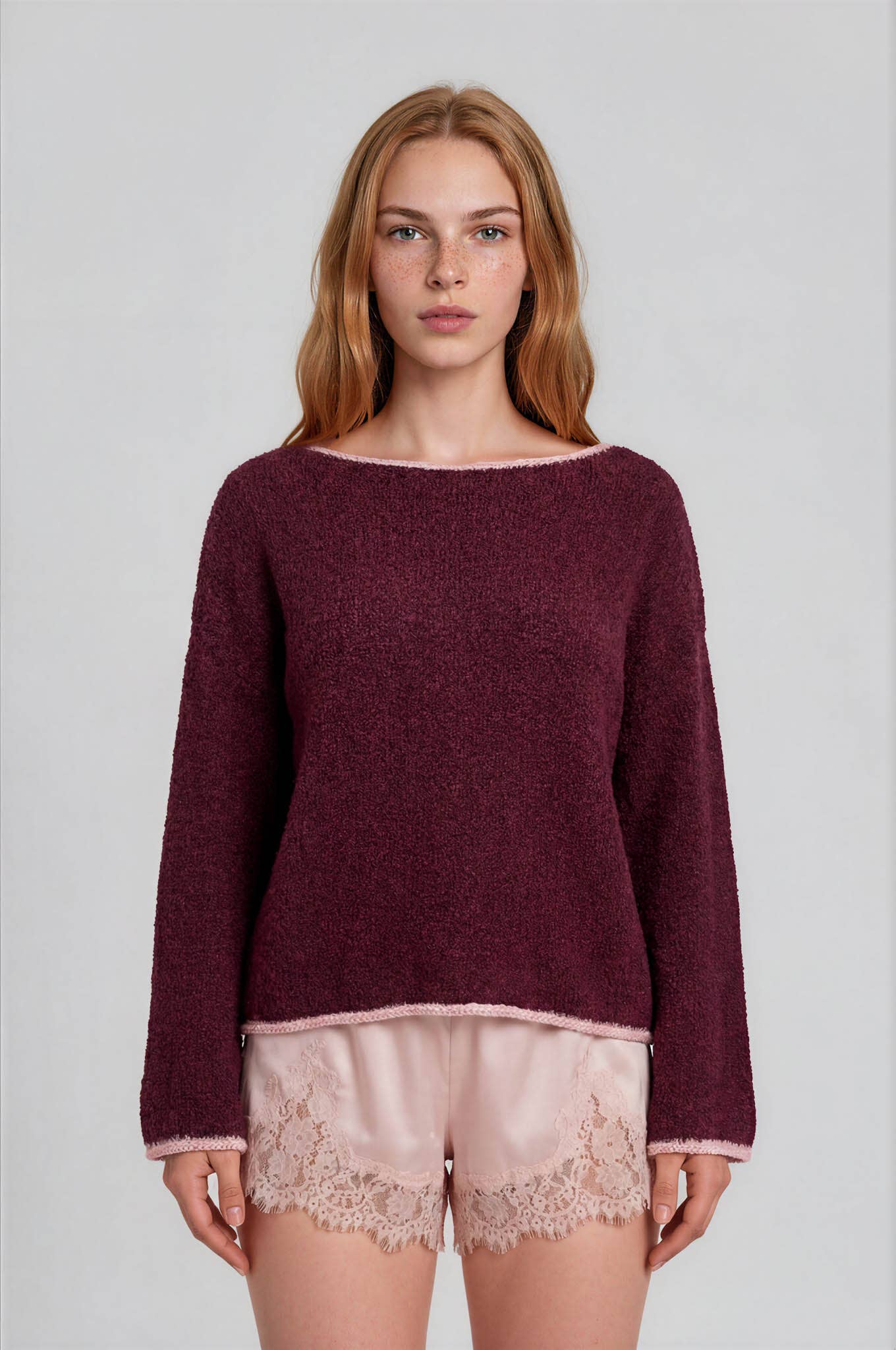 BOAT NECK CONTRAST TRIM LONG SLEEVE KNIT SWEATER (PRE-ORDER)