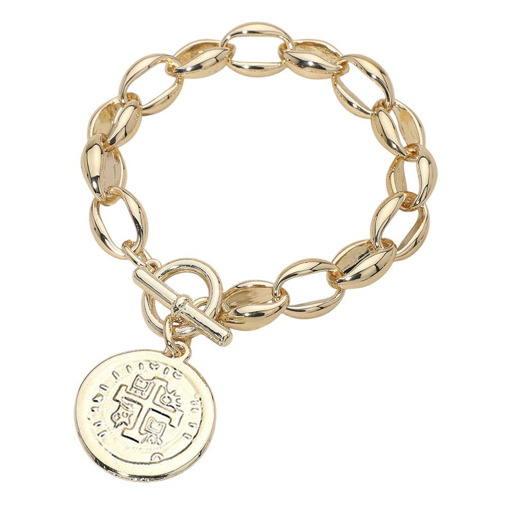 14K Gold Plated Cross Embossed Coin Charm Chunky Chain Toggle Bracelet