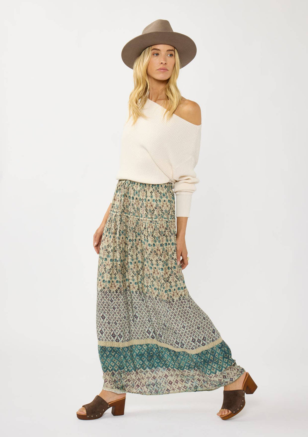 Floral and Tribal Border Drawstring Maxi Skirt